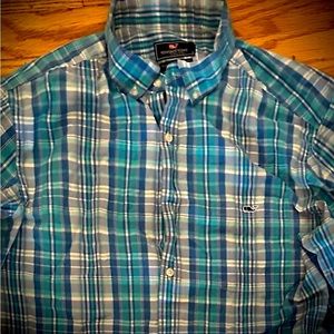 Vineyard Vines Blue and sea foam plaid casual button-down size XL